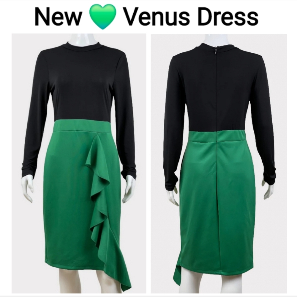 Venus Black and Green Long Sleeve Front Ruffle Dress Size M